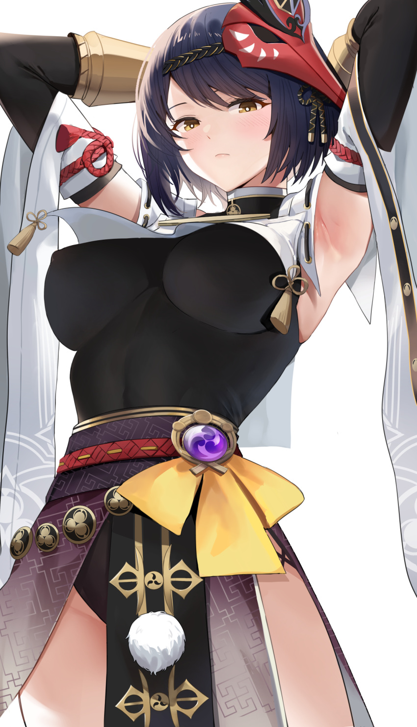1girl, absurdres, armpits, arms_behind_head, arms_up, bangs, bird_mask, black_hair