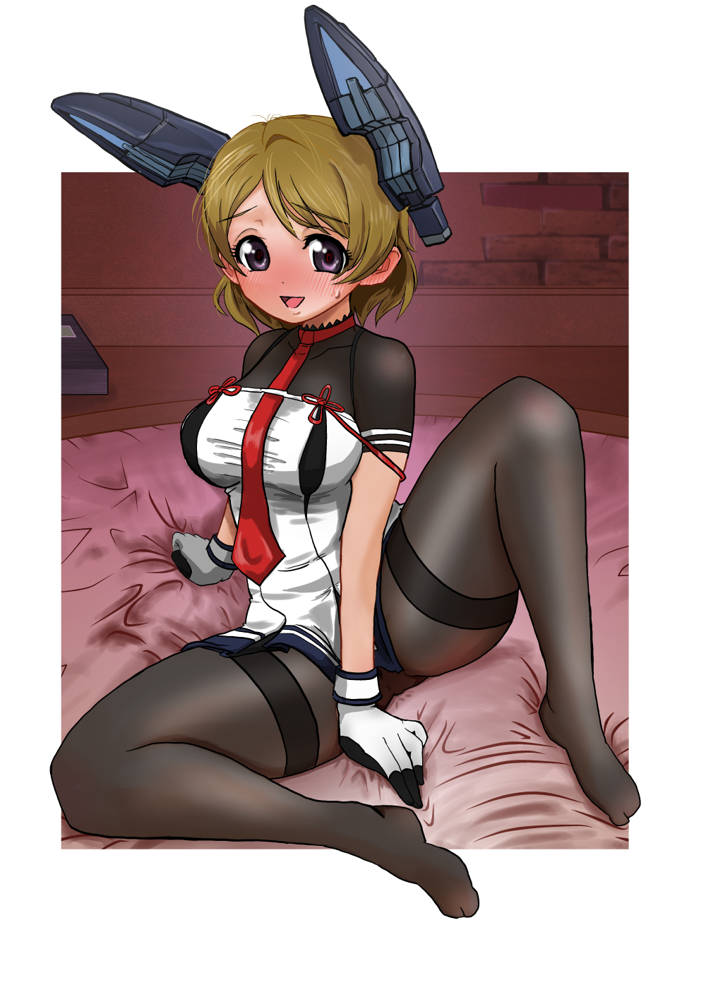 1girl, black_legwear, blonde_hair, breasts, cosplay, dress, headgear, highres