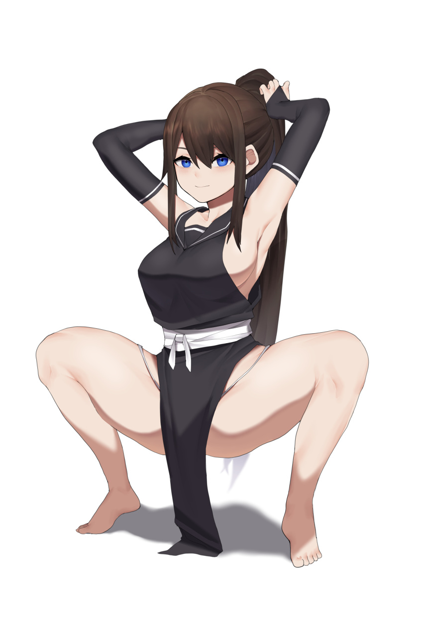 1girl, absurdres, armpits, arms_up, bare_shoulders, barefoot, black_dress, blue_eyes