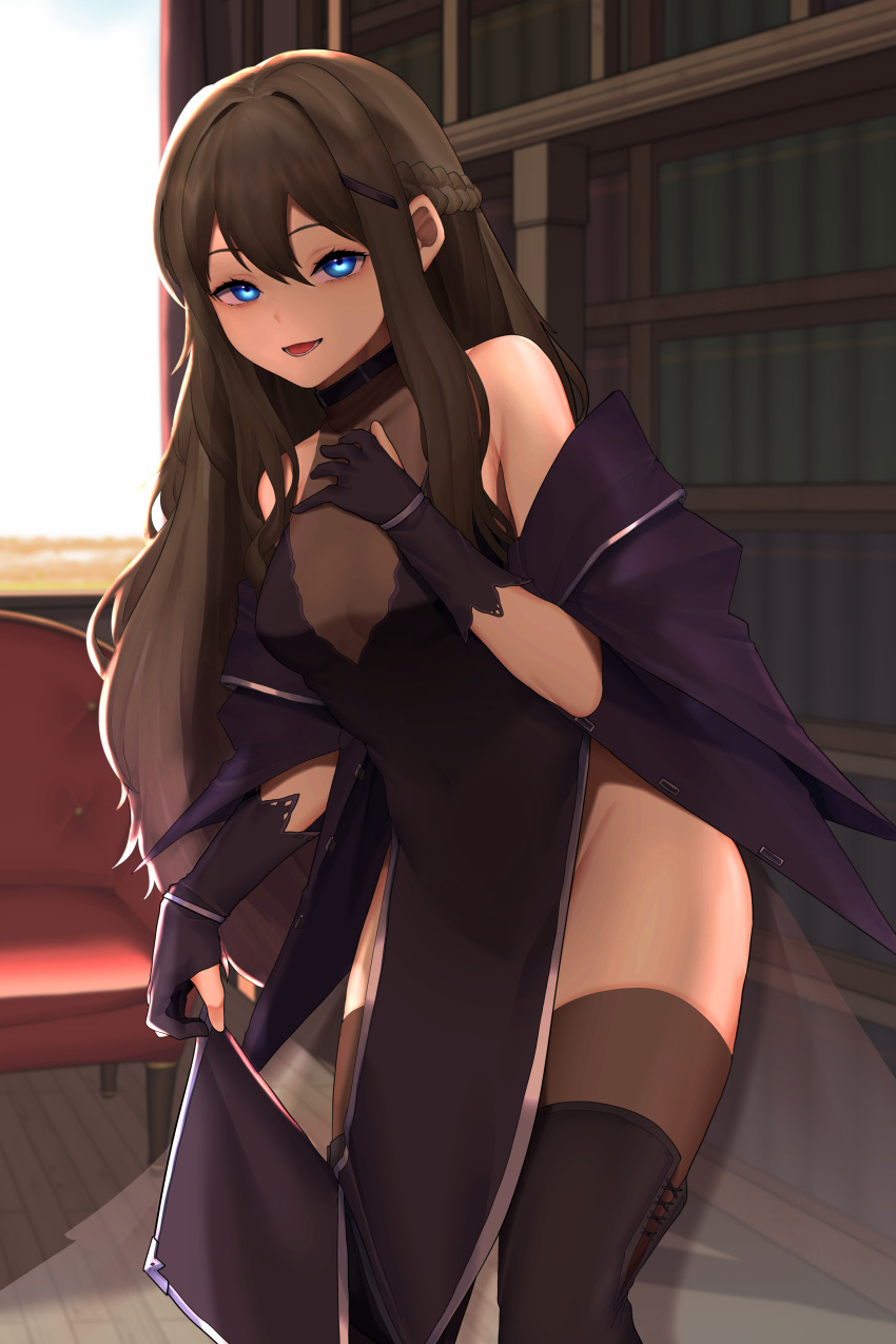 1girl, absurdres, bare_shoulders, black_dress, black_footwear, black_gloves, black_hair, blue_eyes