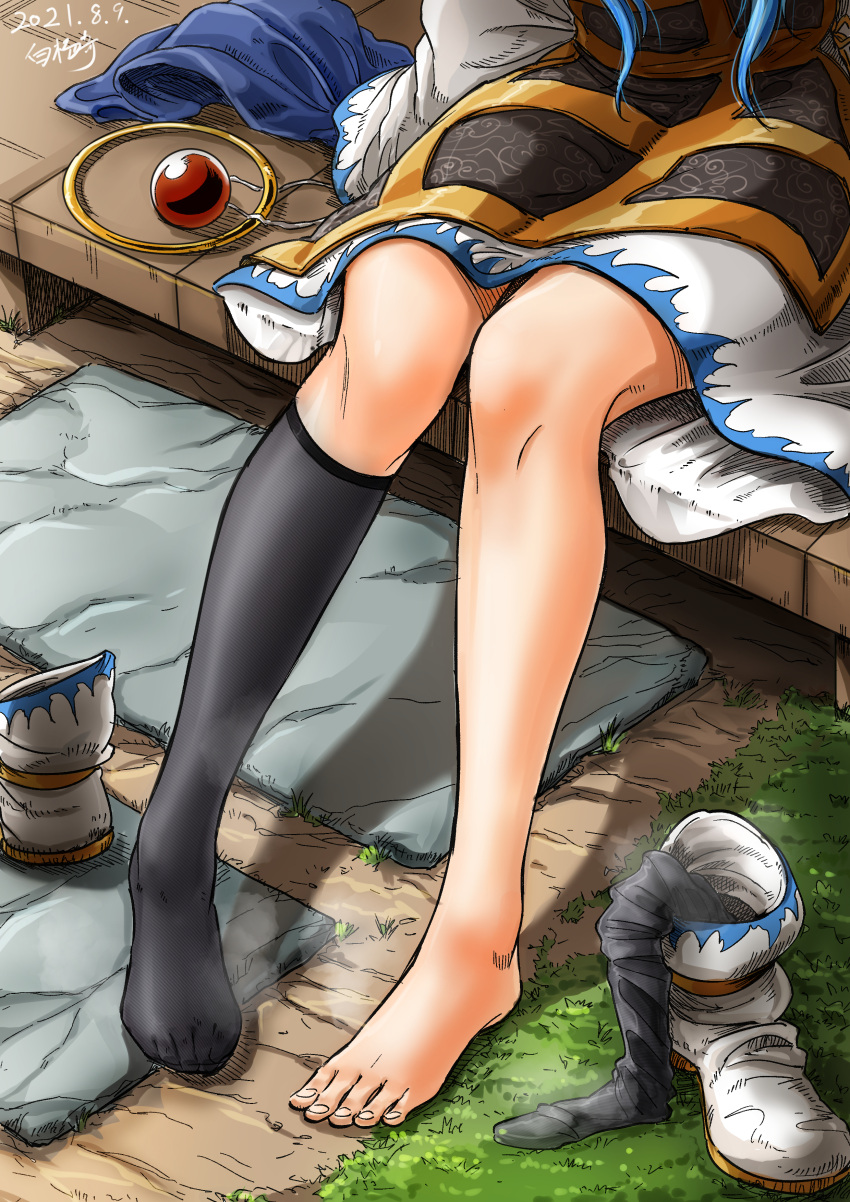 1girl, absurdres, artist_name, black_legwear, blue_hair, boots, clothes_removed, comrade_bai_yangqi, dated, dress, highres, hood, hoop, jewelry, kesa, kneehighs, kumoi_ichirin, legs, lower_body, ring, sidelocks, sitting, solo, touhou, white_dress, white_footwear