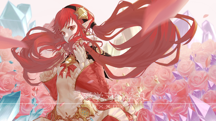 1girl, crystal, dew_(knpn5338), dress, dungeon_and_fighter, elementalist_(dungeon_and_fighter), flower, gloves