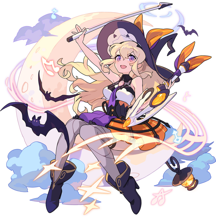 1girl, animal, arm_up, artist_request, bangs, bare_shoulders, bat, black_hairband, blonde_hair, blush, boots, bow_(instrument), clouds, collared_shirt, corset, crescent_moon, crinoline, eyebrows_visible_through_hair, full_body, grey_legwear, hairband, hand_up, happy, hat, hat_ribbon, high_heels, highres, holding, holding_instrument, instrument, knees_together_feet_apart, lantern, lila_(world_flipper), long_hair, looking_at_viewer, miniskirt, moon, musical_note, necktie, night, non-web_source, official_alternate_costume, official_art, open_mouth, orange_skirt, outdoors, outstretched_arm, purple_footwear, purple_headwear, purple_necktie, purple_ribbon, ribbon, shiny, shiny_hair, shirt, sidelocks, sitting, sitting_on_moon, skindentation, skirt, sleeveless, sleeveless_shirt, smile, solo, sparkle, staff_(music), thigh-highs, transparent_background, violet_eyes, violin, white_shirt, witch_hat, world_flipper