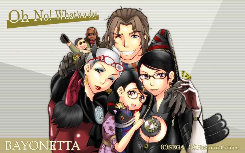 360kirimusume, bald, bayonetta, bayonetta_(character), beauty_mark, black_hair, blue_eyes, bodysuit