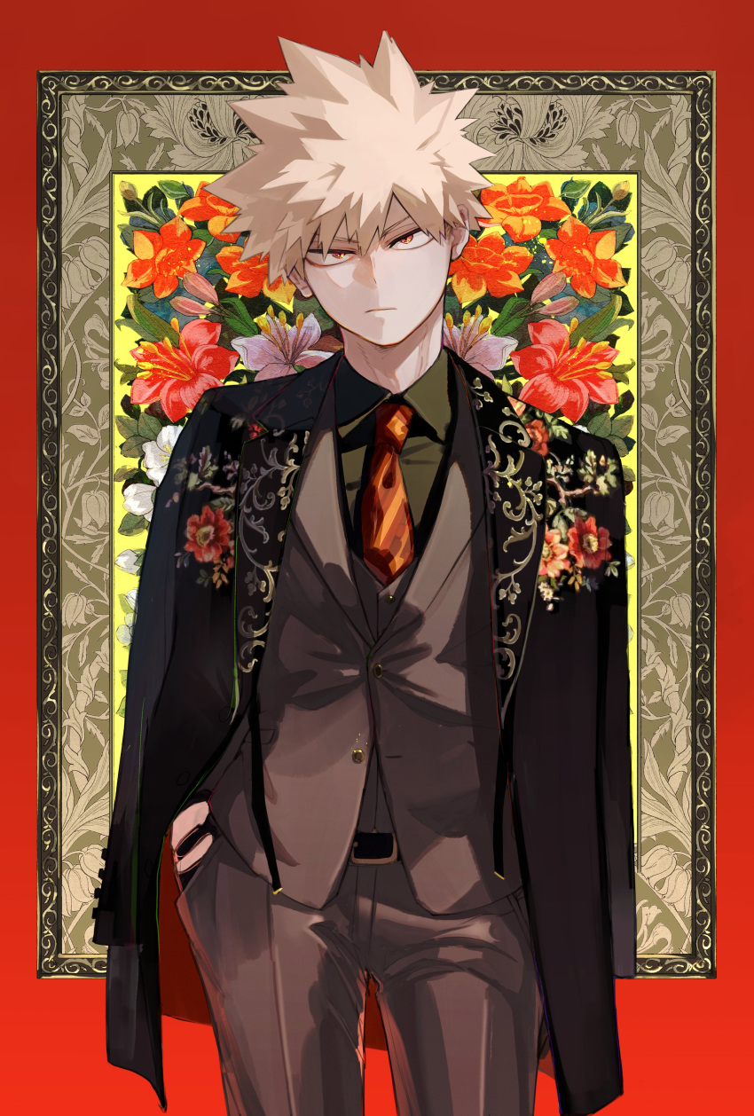 1boy, absurdres, alternate_costume, bakugou_katsuki, bangs, belt, black_jacket, black_shirt, blonde_hair, boku_no_hero_academia, closed_mouth, floral_print, flower, formal, grey_jacket, grey_pants, hair_between_eyes, hand_in_pocket, highres, jacket, jacket_on_shoulders, long_sleeves, looking_at_viewer, male_focus, necktie, pants, red_eyes, red_necktie, shirt, solo, spiky_hair, suit, unou_(unou_mha)