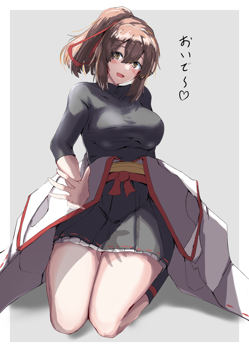 1girl, absurdres, black_hakama, black_legwear, black_skirt, breasts, brown_eyes, brown_hair