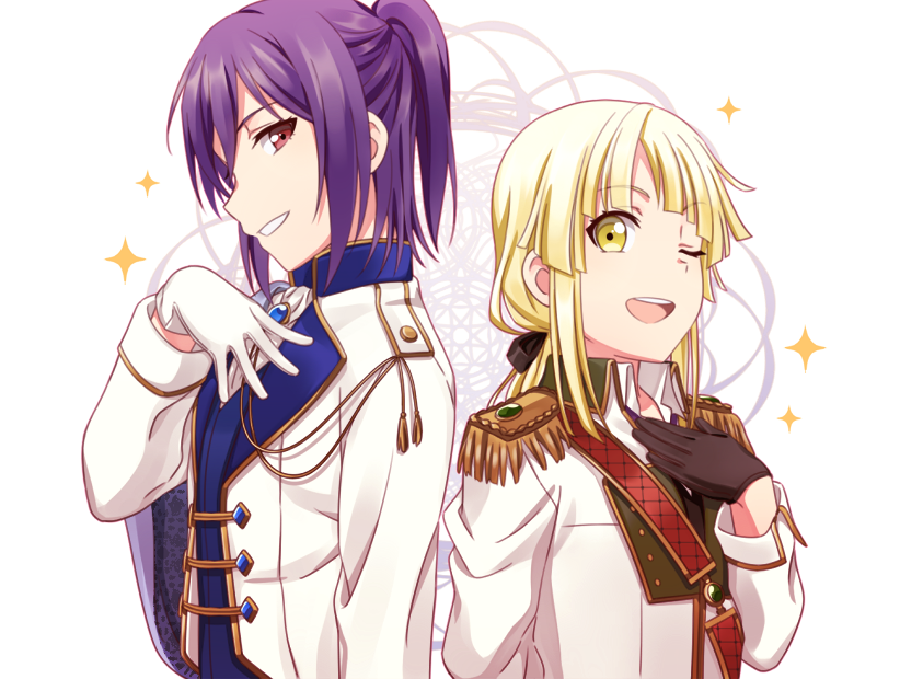 aiguillette, bang_dream!, bangs, black_bow, black_gloves, blonde_hair, blunt_bangs, blunt_ends