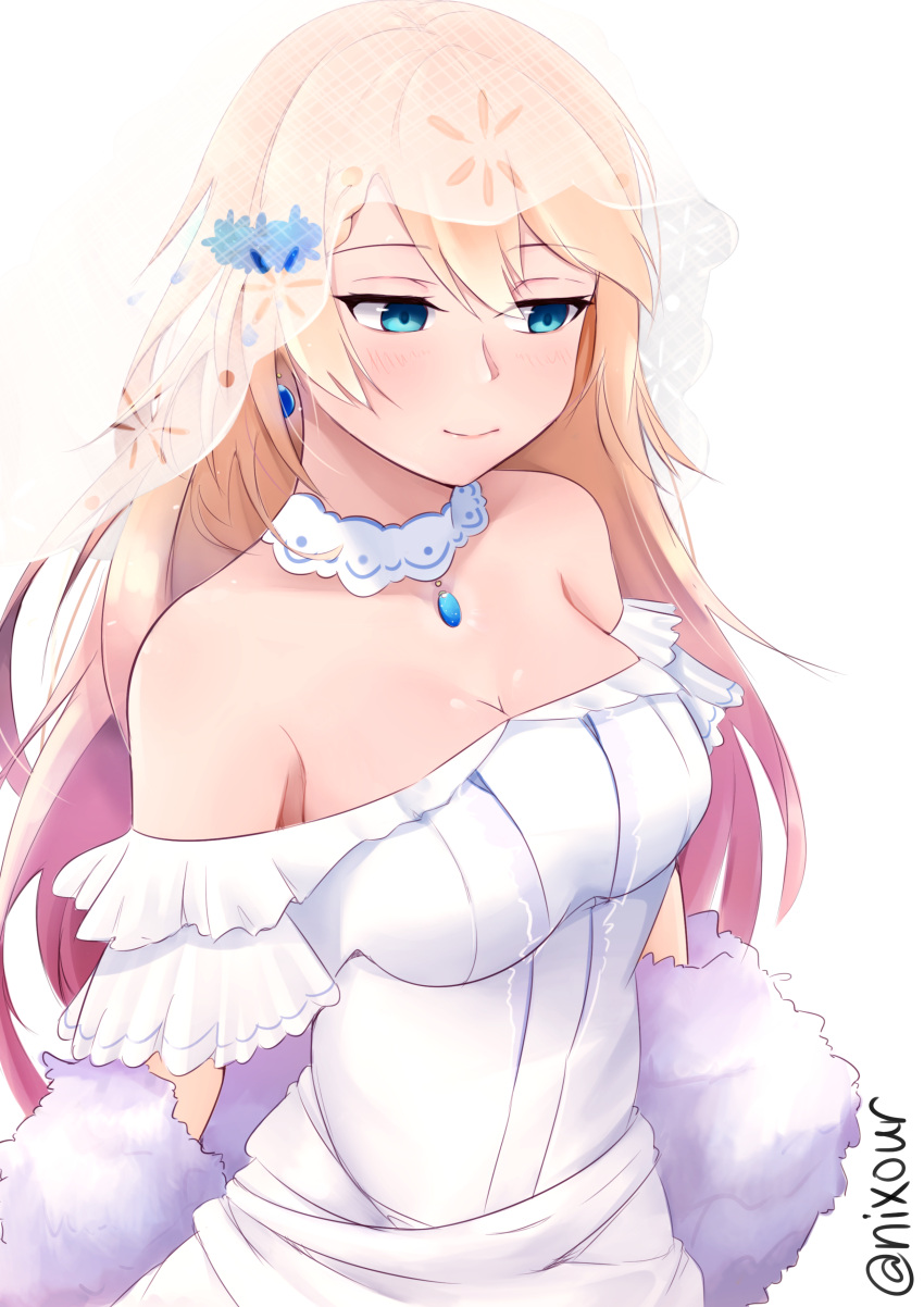 1girl, absurdres, angruoxin, bare_shoulders, blonde_hair, blush, breasts, bridal_veil