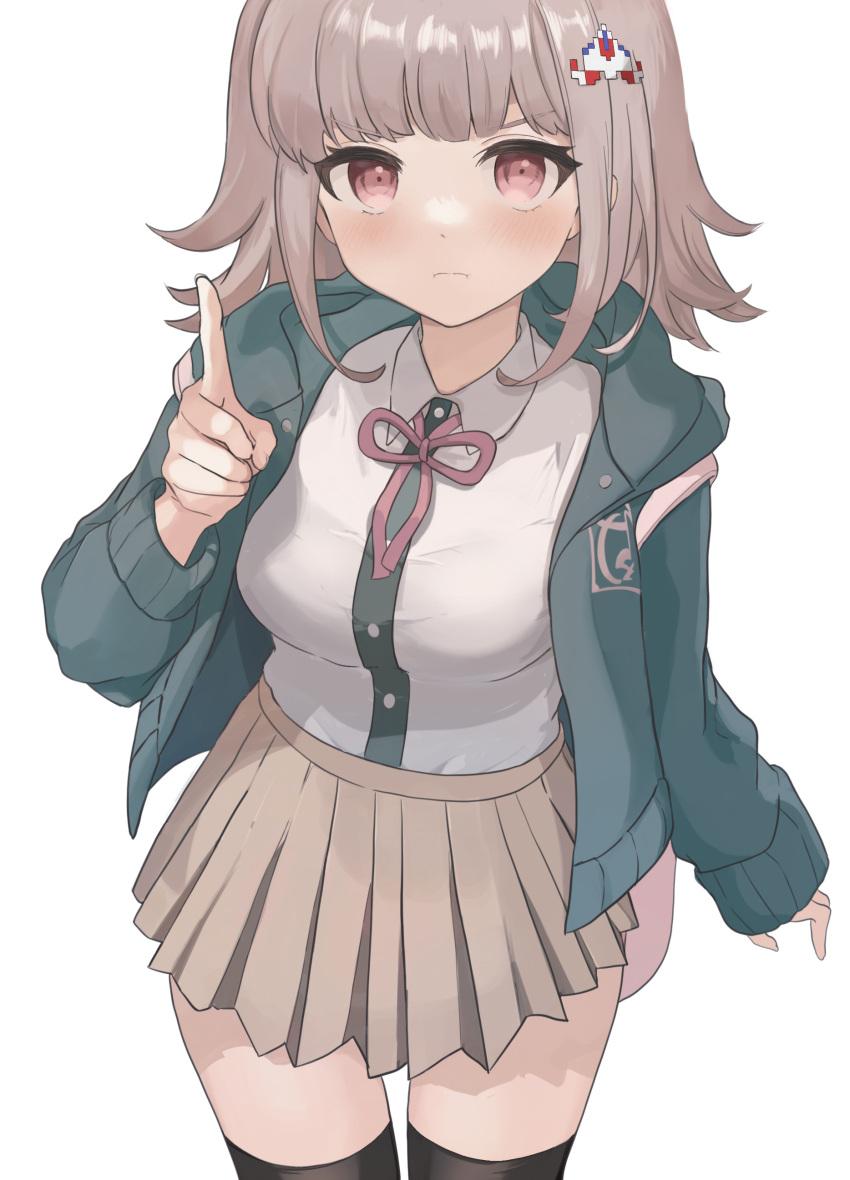 1girl, absurdres, bangs, blush, brown_hair, brown_skirt, collared_shirt, danganronpa_(series)