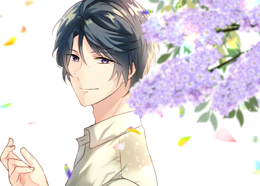 1boy, black_hair, blue_eyes, blurry, blurry_foreground, day, flower, hand_up