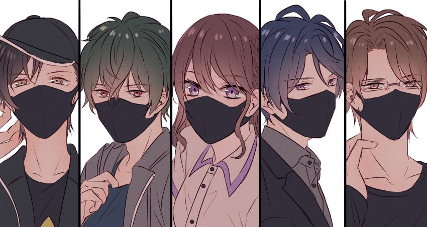 1girl, 4boys, baseball_cap, black_headwear, blue_hair, brown_eyes, brown_hair, glasses