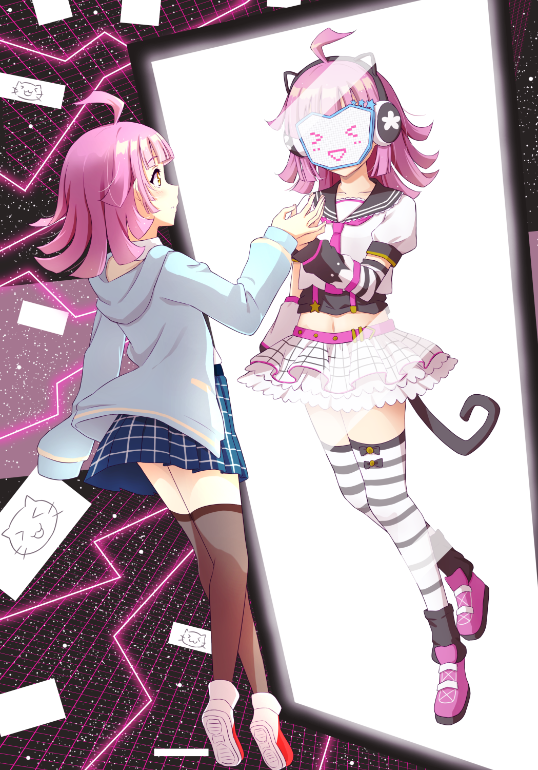 ahoge, bangs, blue_hoodie, blunt_bangs, blunt_ends, cat_ear_headphones, cat_tail, dokipipo_emotion