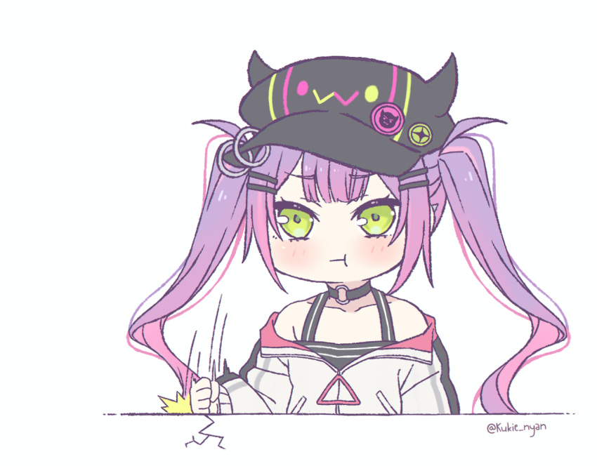 1girl, :t, black_choker, black_headwear, blush, choker, crack, desk_slam