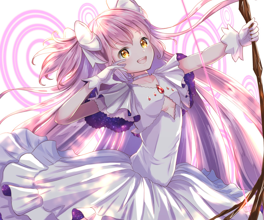 1girl, absurdly_long_hair, arched_back, backlighting, blush, bow_(weapon), breasts, bubble_skirt
