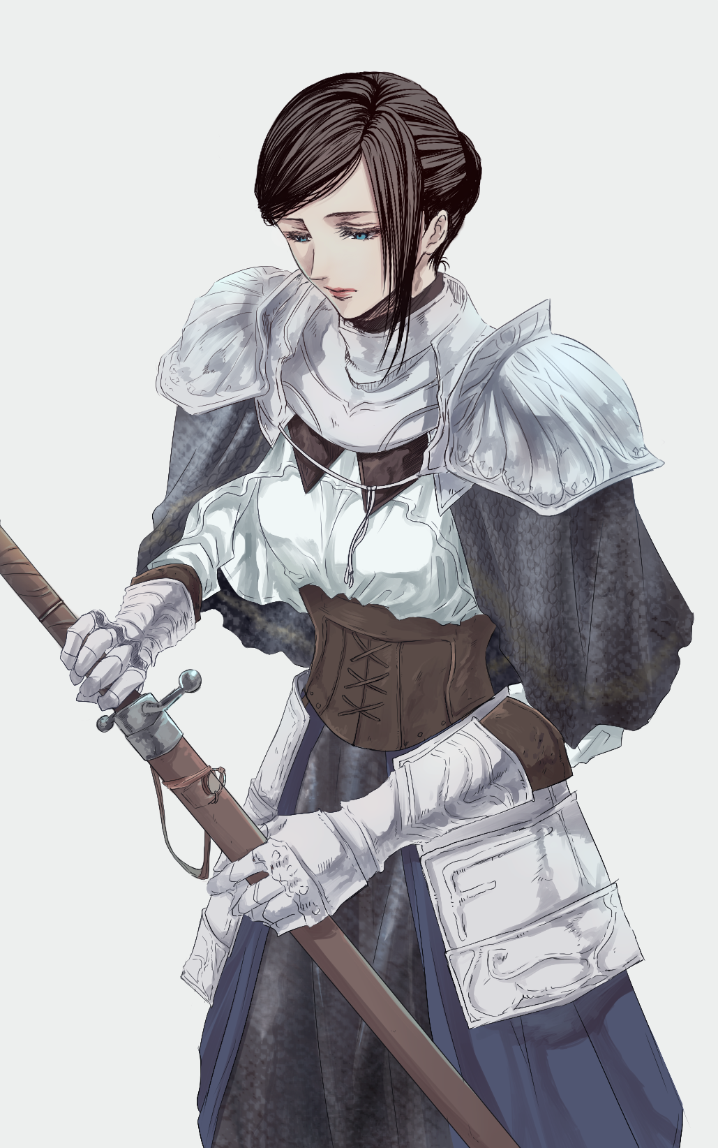 1girl, armor, blue_eyes, brown_hair, corset, dark_souls_(series), dark_souls_iii, gauntlets, gorget, headwear_removed, highres, itsuki_(itsukiovo), puffy_short_sleeves, puffy_sleeves, short_sleeves, shoulder_armor, sirris_of_the_sunless_realms, veil_removed, weapon