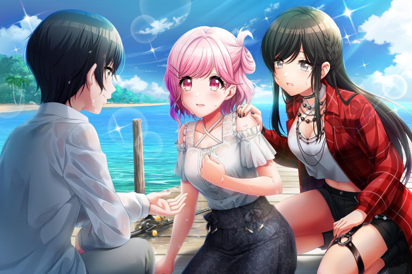 3girls, aoyagi_tsubaki, black_eyes, black_hair, blush, d4dj, dress, dress_shirt