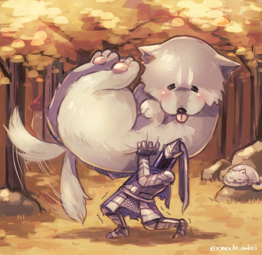 animal, armor, artorias_the_abysswalker, autumn_leaves, cat, dark_souls_(series), dark_souls_i, full_armor, great_grey_wolf_sif, grey_fur, highres, holding, knight, nature, omochi_anko3, outdoors, oversized_animal, tail, tail_wagging, tree, wolf