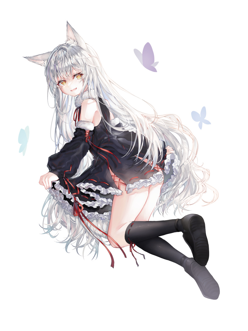 1girl, 414_(hncx3355), :d, animal_ears, detached_sleeves, dress, fox_ears, frilled_dress, frills, full_body, highres, long_hair, looking_at_viewer, looking_back, no_panties, original, short_dress, skirt_hold, smile, very_long_hair, watarai_alice, white_hair, yellow_eyes