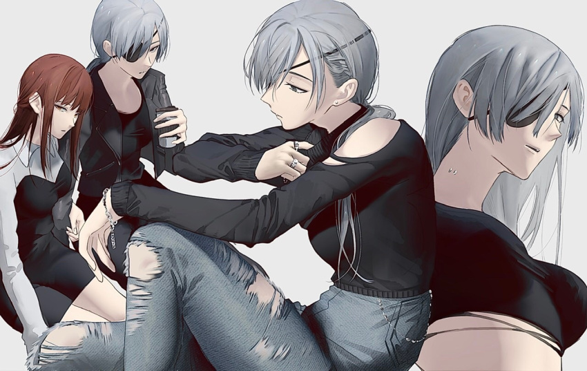 2_blankk, 2girls, alternate_costume, black_eyepatch, black_sweater, breasts, brown_hair, chainsaw_man