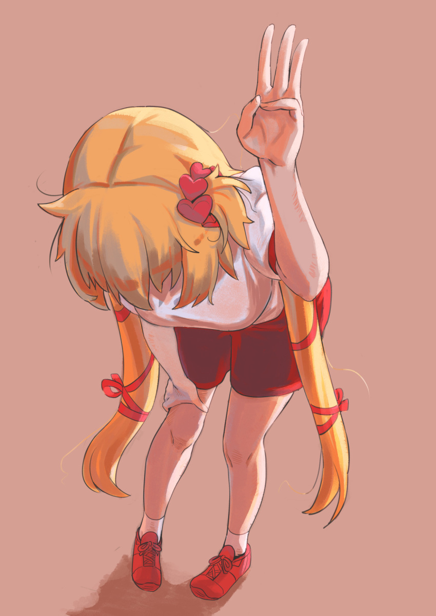1girl, akai_haato, bangs, blonde_hair, brown_background, commentary, gym_shorts, gym_uniform