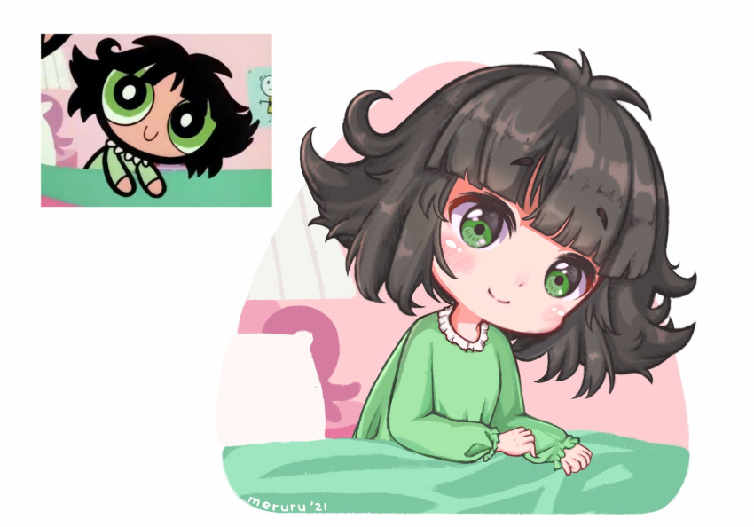1girl, animification, artist_name, bangs, black_hair, buttercup_(ppg), buttercup_redraw_challenge, derivative_work