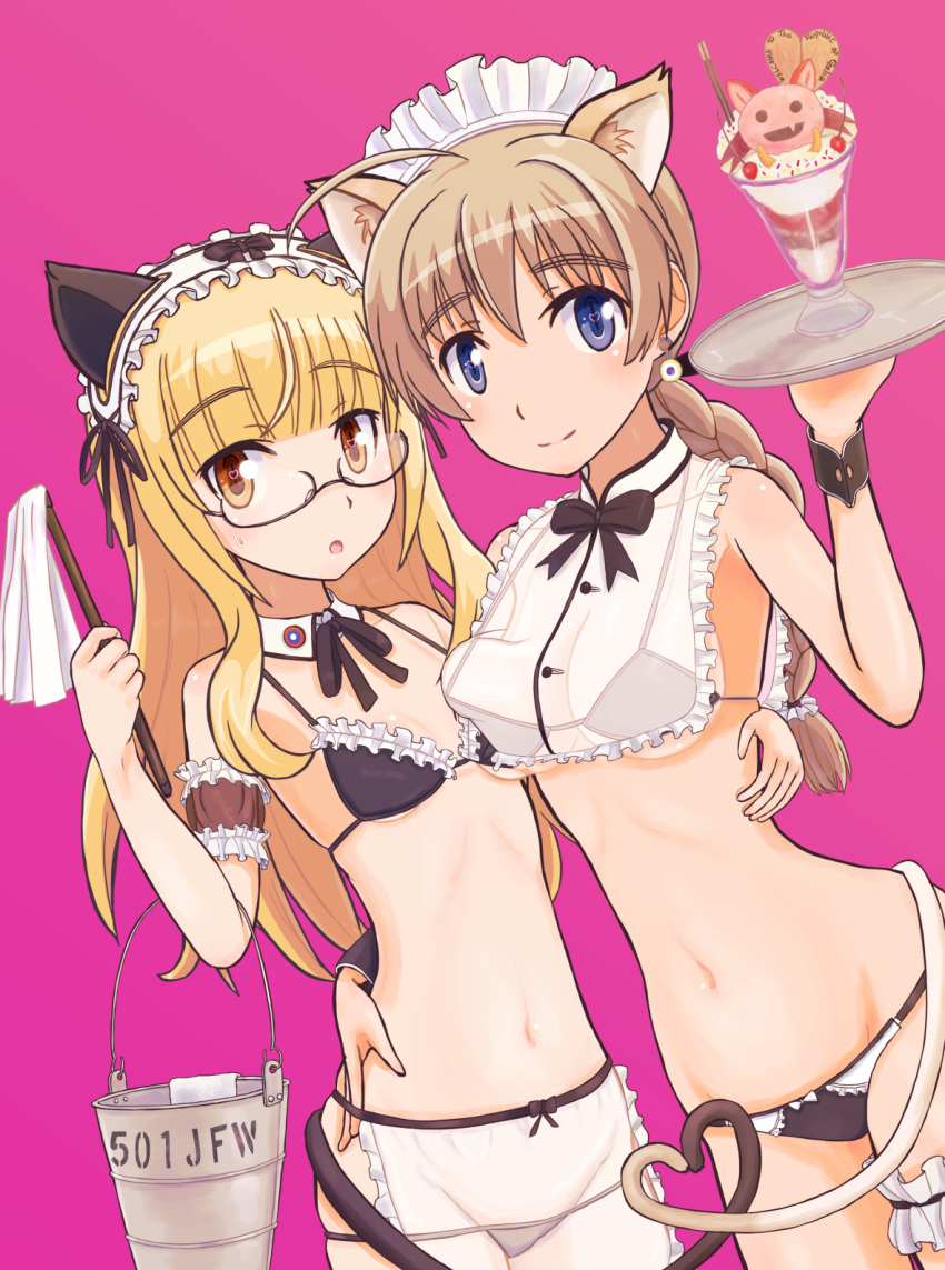 2girls, alternate_costume, animal_ears, black_bra, black_panties, blush, bra, braid