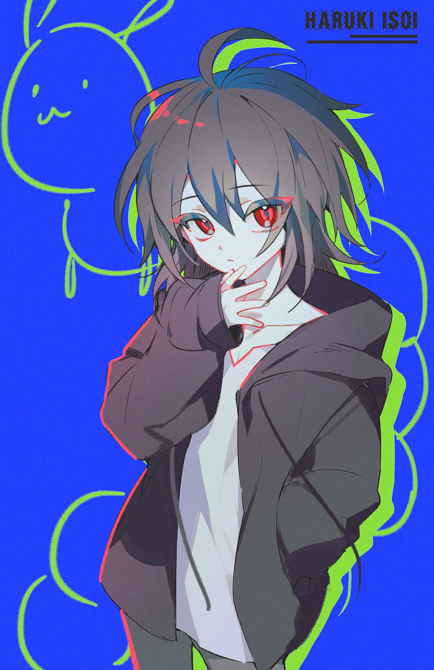 1boy, ahoge, black_hoodie, black_jacket, brown_hair, character_name, closed_mouth, eyebrows_visible_through_hair