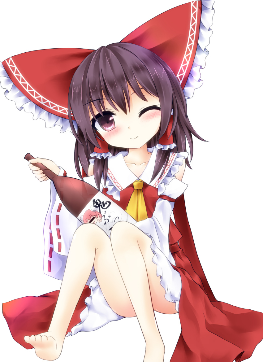 1girl, ascot, bangs, bare_shoulders, barefoot, blush, bottle, bow