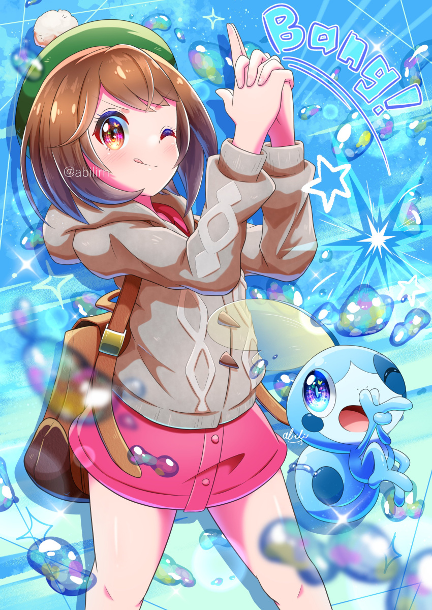 1girl, absurdres, backpack, bag, bangs, blurry, blush, bob_cut, brown_bag, brown_eyes, brown_hair, buttons, cable_knit, cardigan, closed_mouth, commentary_request, dress, finger_gun, gloria_(pokemon), green_headwear, grey_cardigan, hat, highres, hooded_cardigan, motion_lines, pink_dress, pokemer, pokemon, pokemon_(creature), pokemon_(game), pokemon_swsh, short_hair, smile, sobble, tam_o'_shanter, tongue, tongue_out, water_drop