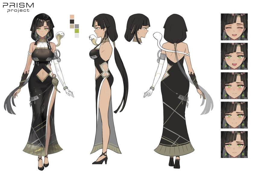 1girl, absurdres, armlet, bangs, bare_legs, bare_shoulders, black_dress, black_footwear