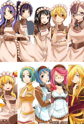 1boy, 6+girls, adjusting_eyewear, alty_(ragnarok_online), apron, bangs, bishounen, black_eyes