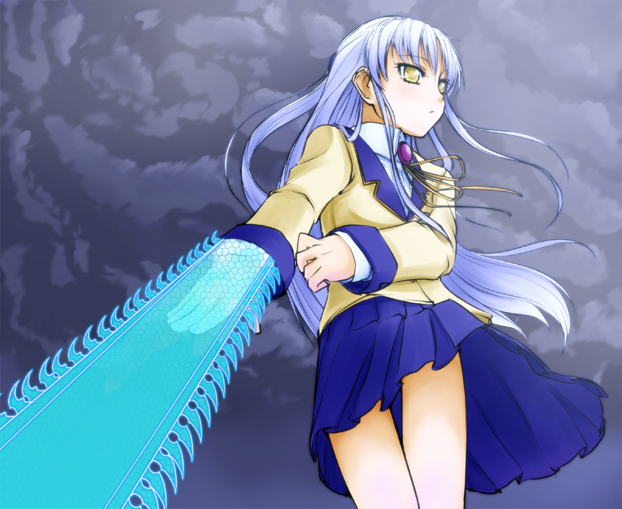 chainsaw, long_hair, school_uniform, slug_(artist), tachibana_kanade