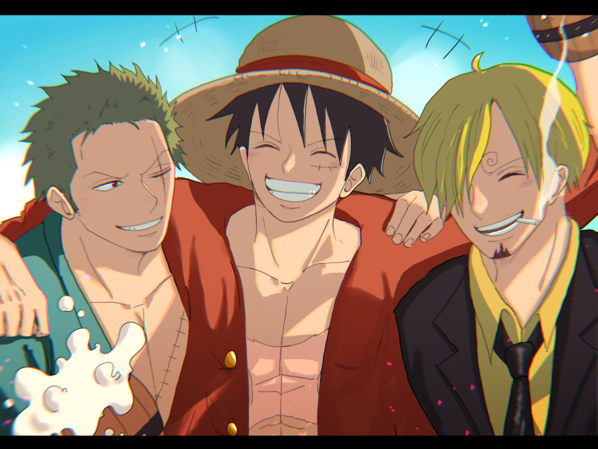 3boys, ^_^, arm_over_shoulder, beer_keg, black_hair, blonde_hair, cigarette, closed_eyes