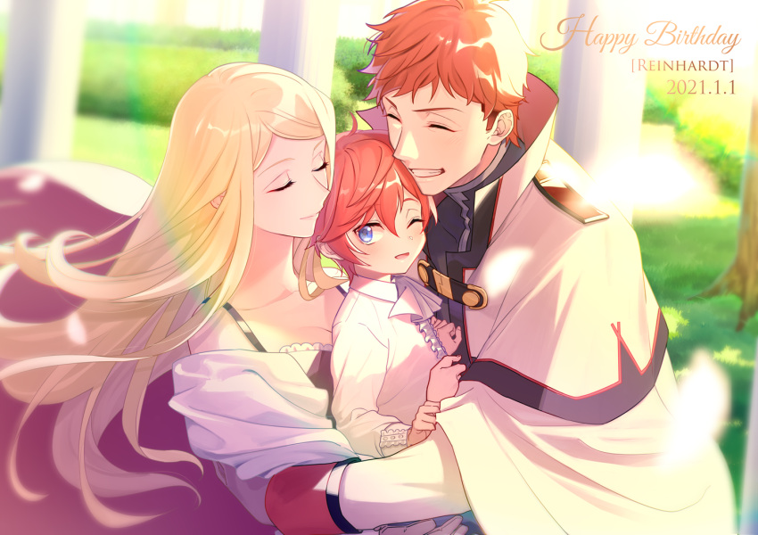 ;d, ascot, blonde_hair, blue_eyes, cape, family, garden, grin