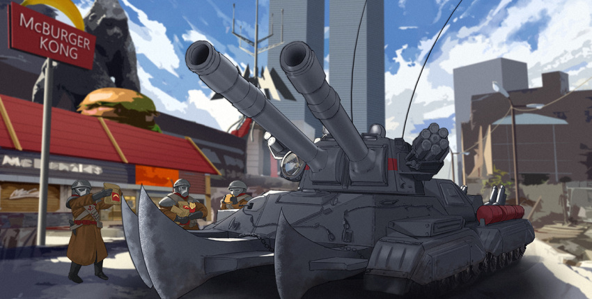 3others, apocalypse_(command_&amp;_conquer:red_alert_2), battle, building, burger, caterpillar_tracks, clouds, command_and_conquer