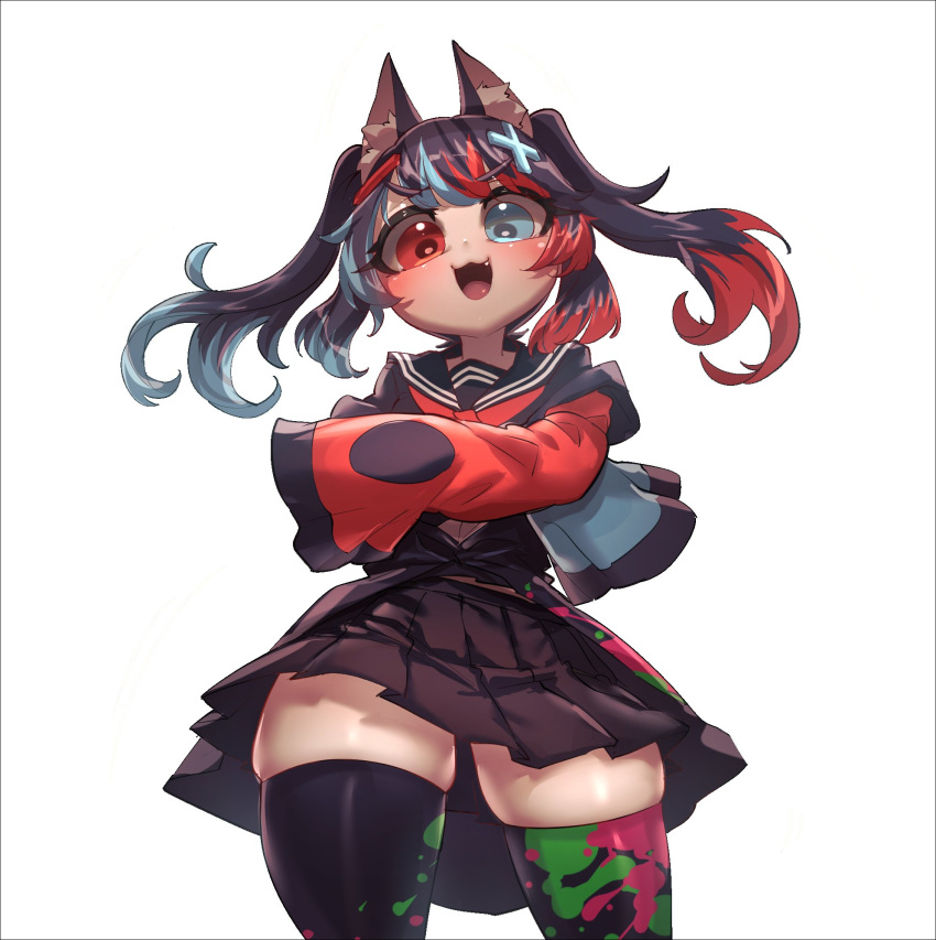 1girl, animal_ears, blue_eyes, cat_ears, ermao_wu, fang, hair_ornament, heterochromia