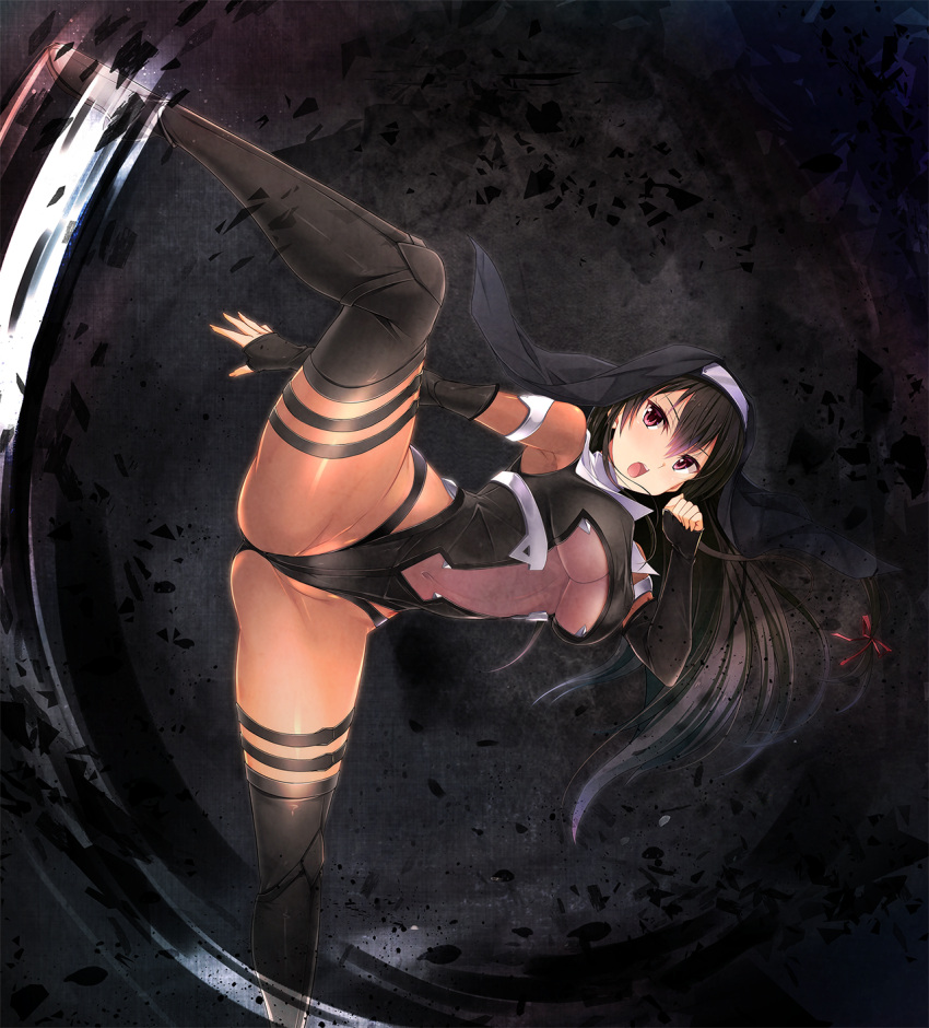 1girl, bangs, black_background, black_footwear, black_hair, black_headwear, black_leotard, black_sleeves, boots, breasts, brown_bodysuit, detached_sleeves, eyebrows_visible_through_hair, floating_hair, game_cg, hair_between_eyes, hair_ribbon, highleg, highleg_leotard, highres, large_breasts, leg_up, leotard, long_hair, long_sleeves, nightmare_x_onmyoji, noba_(veronicanoha), official_art, open_mouth, red_eyes, red_ribbon, revealing_clothes, ribbon, shindou_setsuna, solo, standing, thigh-highs, thigh_boots, under_boob, veil, very_long_hair