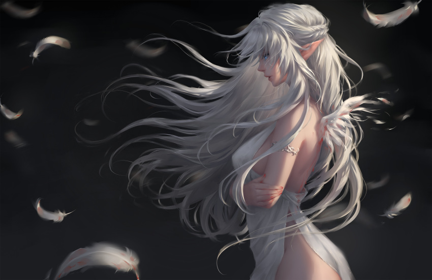 1girl, angel, angel_wings, armlet, bare_shoulders, blood, blue_eyes, braid, breasts, chuby_mi, crossed_arms, dress, feathered_wings, feathers, floating_hair, from_side, highres, large_breasts, long_hair, looking_afar, original, parted_lips, photoshop_(medium), pointy_ears, side_slit, silver_(metal), sleeveless, sleeveless_dress, solo, white_dress, white_hair, wind, wings