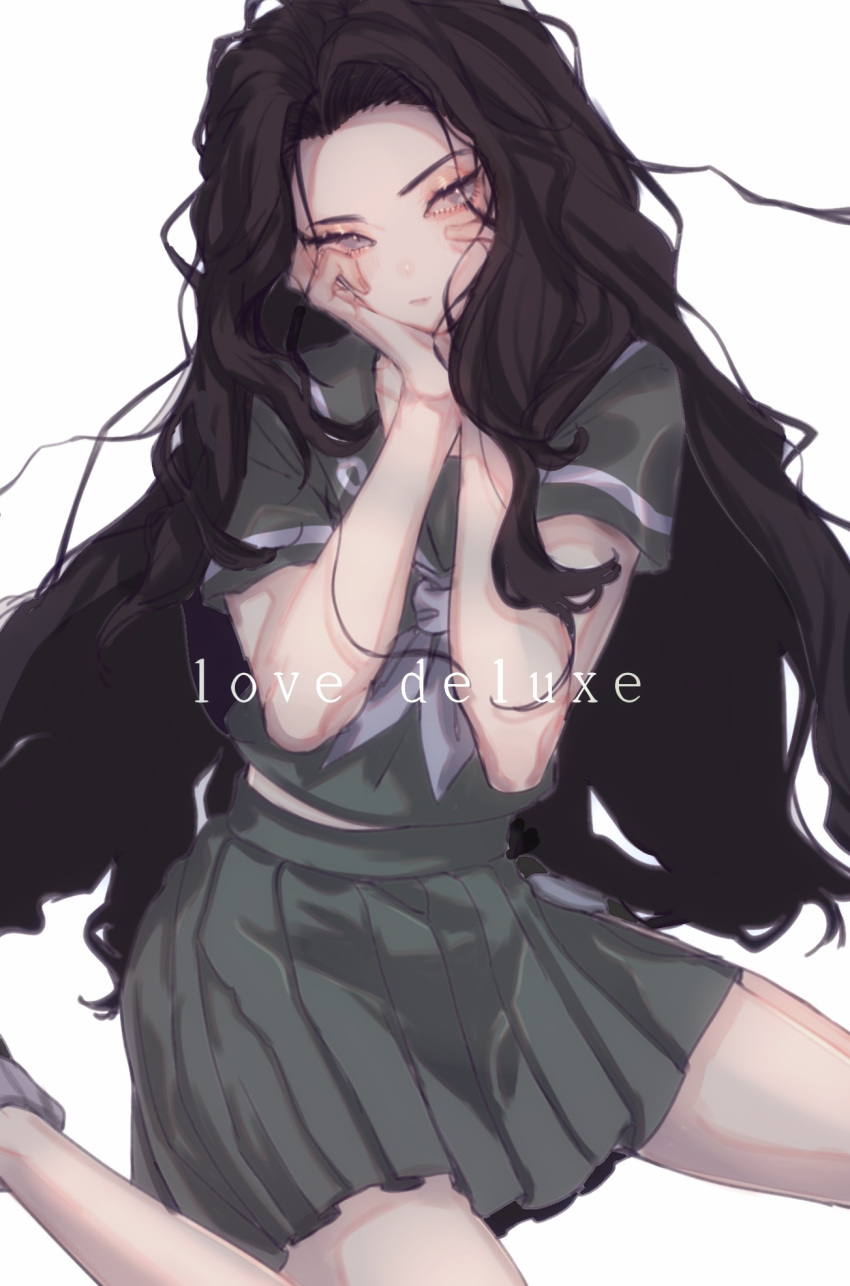 1girl, black_hair, blouse, commentary, diamond_wa_kudakenai, green_blouse, green_skirt, grey_eyes