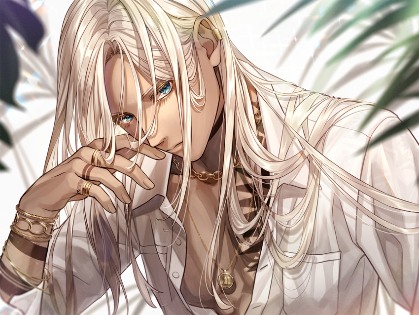 1boy, blue_eyes, blurry, bracelet, breast_pocket, chain_necklace, closed_eyes, collared_shirt, dark-skinned_male, dark_skin, depth_of_field, dress_shirt, frown, hair_behind_ear, hair_between_eyes, hair_flowing_over, head_rest, jewelry, long_hair, long_sleeves, male_focus, original, pendant, pocket, shiraho_(m_shiraho), shirt, solo, upper_body, white_hair, white_shirt, wing_collar
