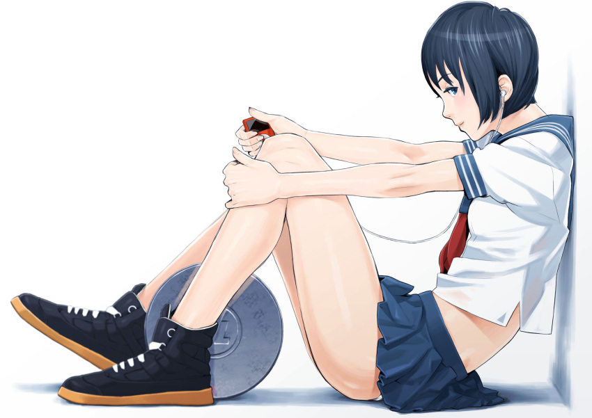 blue_eyes, digital_media_player, earphones, highres, ipod, kobayakawa_rinko, leg_hug, legs
