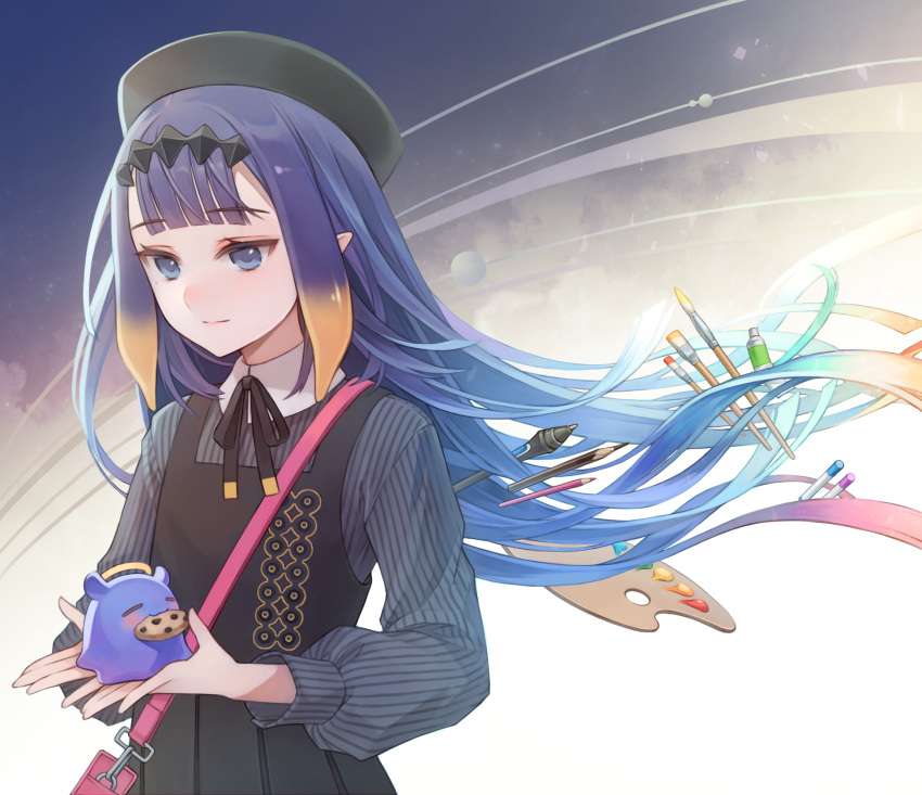 1girl, alternate_hair_color, bag, bangs, beret, black_dress, black_headwear, black_neckwear