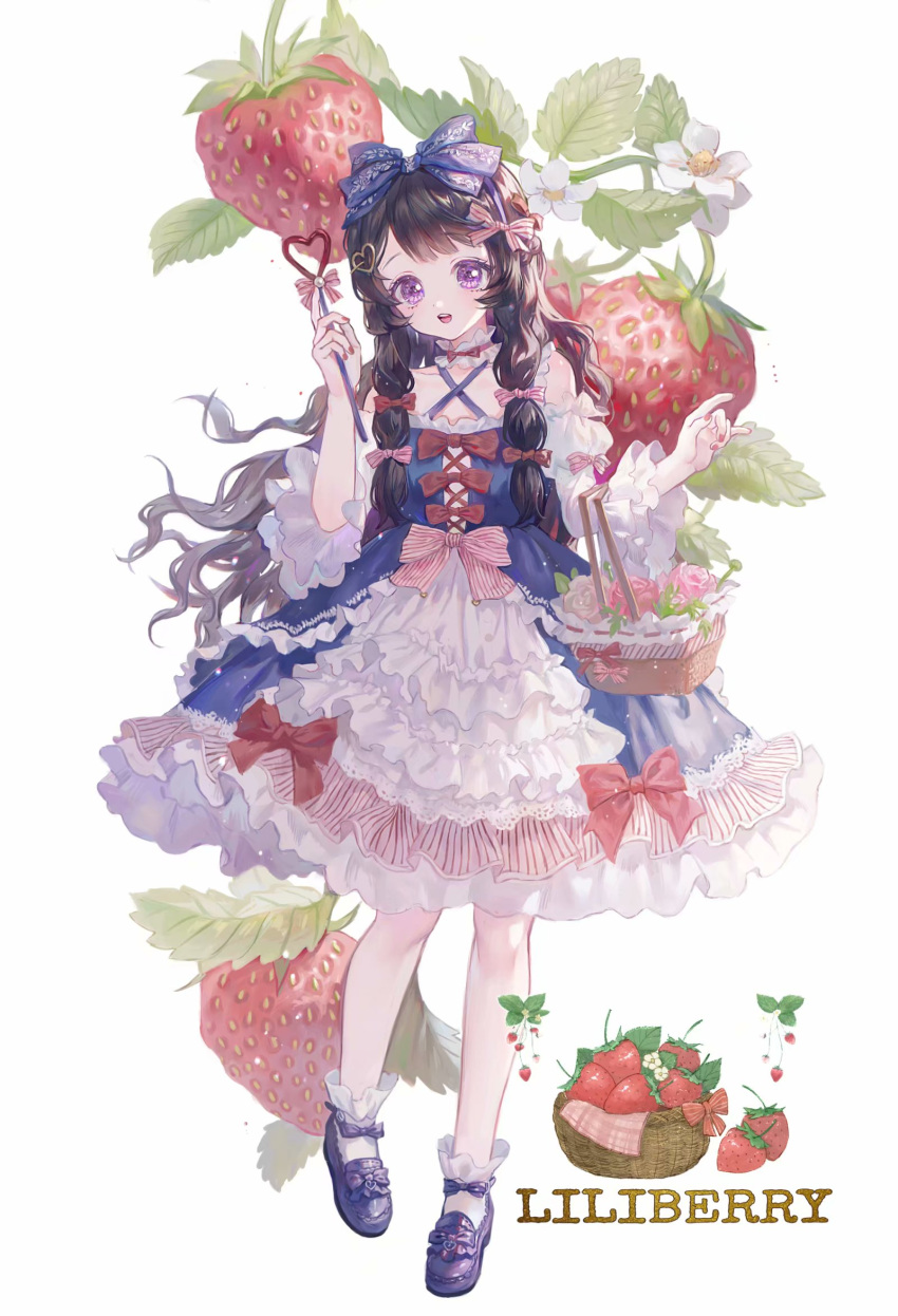 1girl, bangs, bare_shoulders, basket, black_hair, blue_bow, blue_dress, bobby_socks
