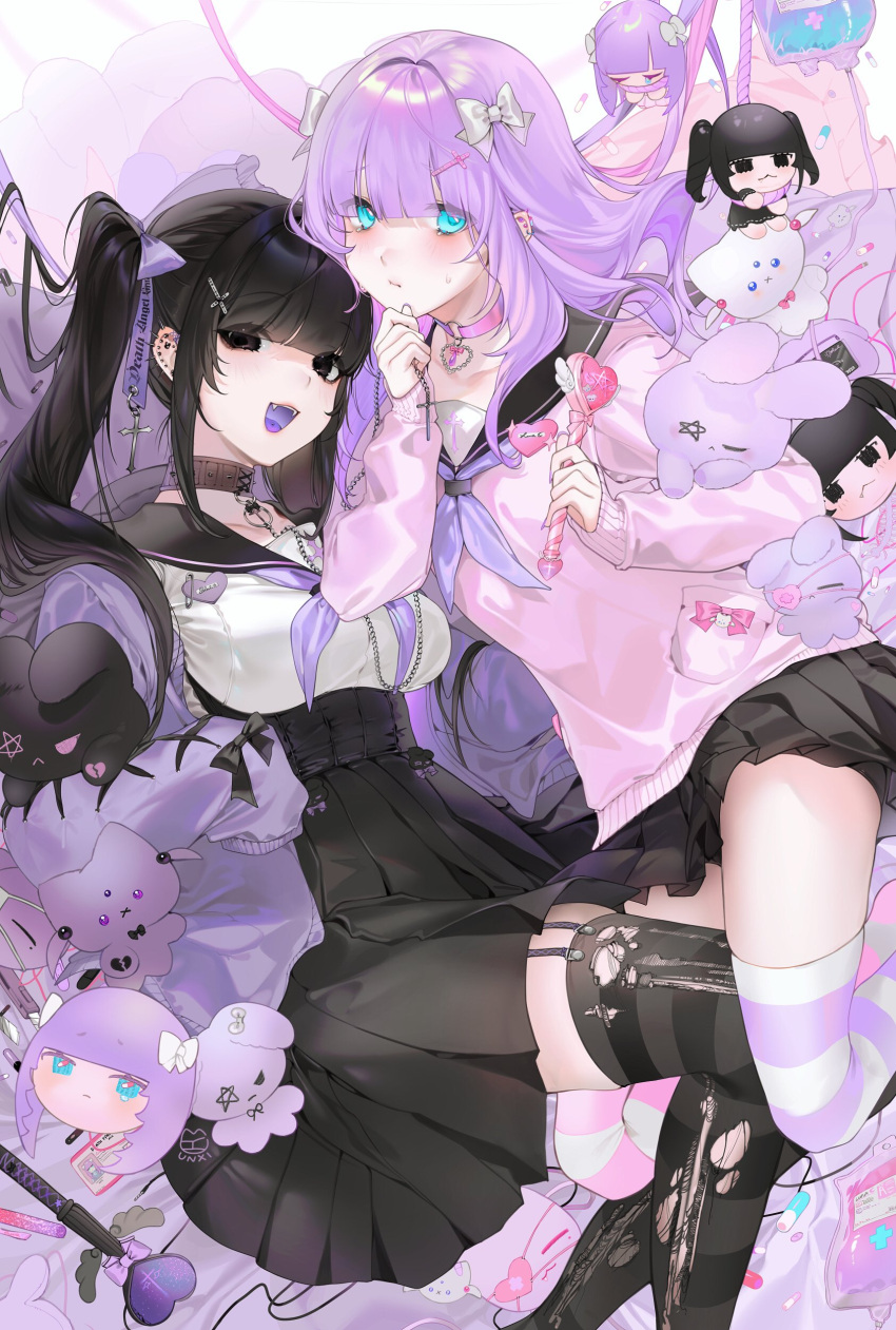2girls, absurdres, aqua_eyes, black_bow, black_eyes, black_hair, black_legwear, black_sailor_collar