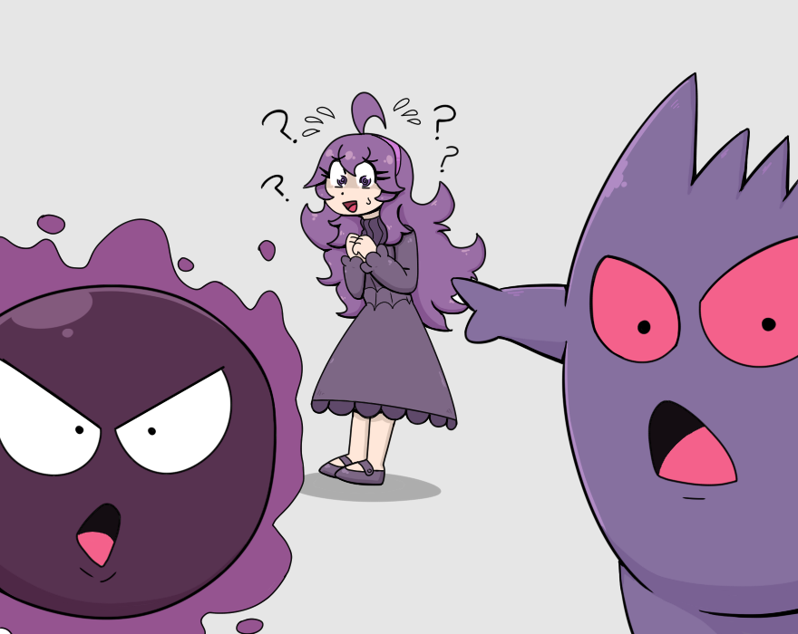 1girl, ?, ahoge, bangs, dress, flying_sweatdrops, gastly, gengar