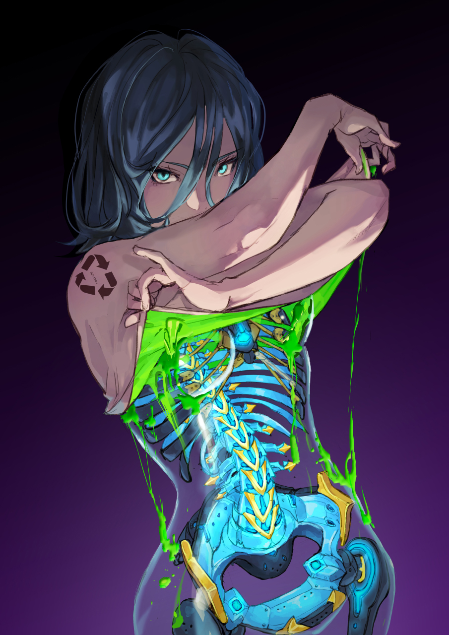 1girl, android, aqua_eyes, arrow_(symbol), black_hair, gradient, gradient_background, highres, looking_at_viewer, mechanical_parts, medium_hair, okome_(liveokome), original, recycling_symbol, ribs, slime_(substance), solo, spine, translucent, translucent_skin, transparent, undressing