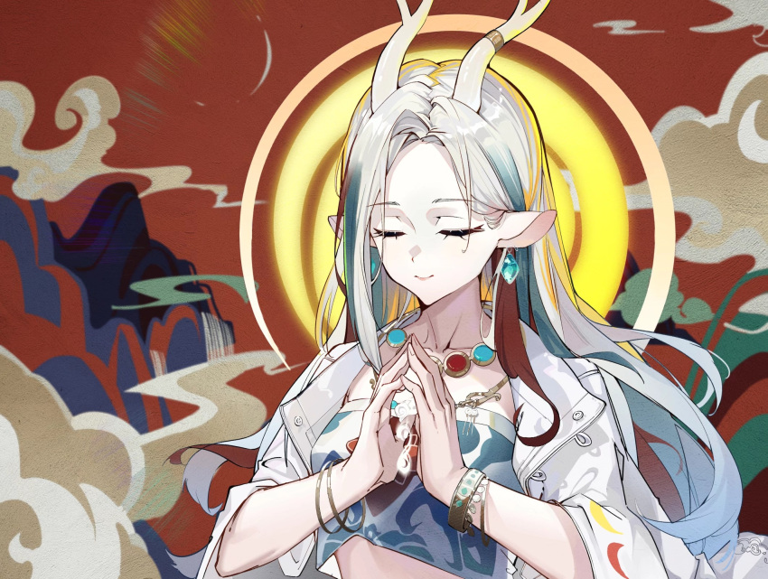 1girl, a_deer_of_nine_colors, animal_ears, antlers, arknights, bangle, bracelet, closed_eyes