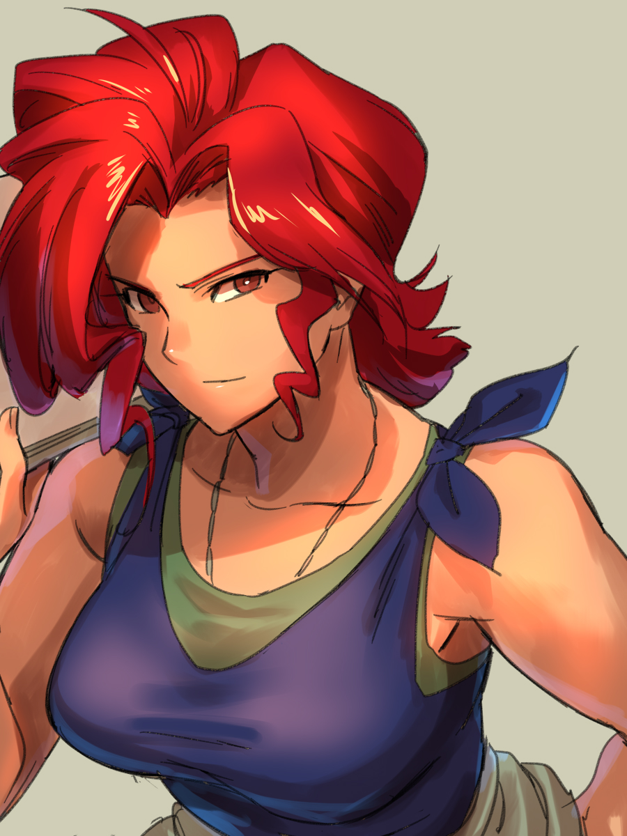 1girl, bare_shoulders, breasts, bright_pupils, brown_eyes, closed_mouth, gundam, gundam_08th_ms_team