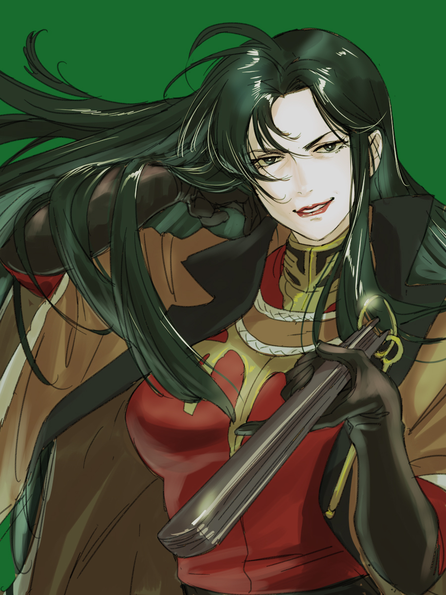 1girl, black_gloves, breasts, bright_pupils, cima_garahau, dark_green_hair, elbow_gloves, gloves, green_background, green_eyes, gundam, gundam_0083, hair_lift, highres, lips, long_hair, looking_at_viewer, medium_breasts, military, military_uniform, red_lips, simple_background, smile, solo, uniform, white_pupils, yuccoshi