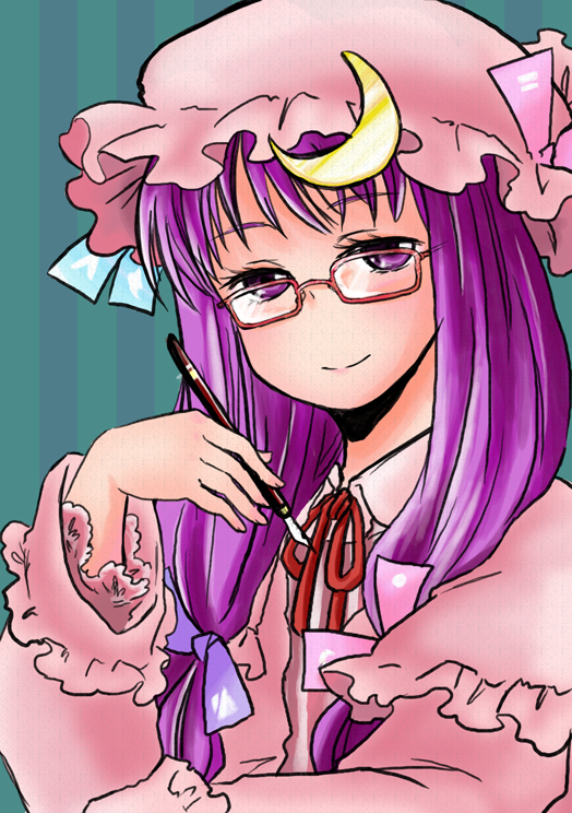 glasses, kuronoa, patchouli_knowledge, pen, smile, touhou